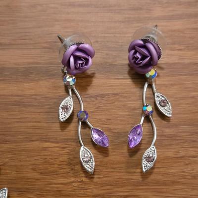 Dark Pink Roses and Silver Tone Necklace & Earrings Set