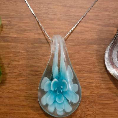 (3) Glass Pendants and Silver Tone Necklace