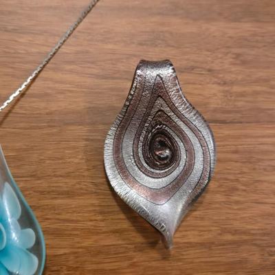 (3) Glass Pendants and Silver Tone Necklace