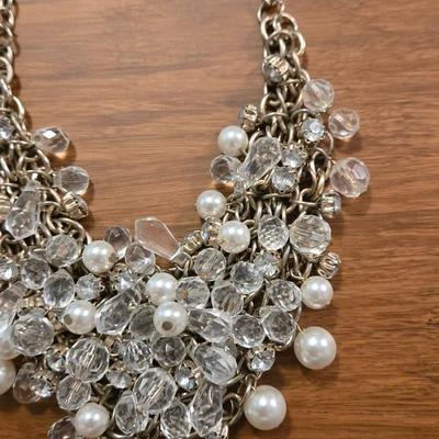 Chainmail Silver Tone & Faux Pearl Necklace and Clear Sting Faux Pearl Necklace