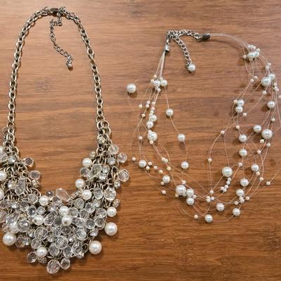 Chainmail Silver Tone & Faux Pearl Necklace and Clear Sting Faux Pearl Necklace