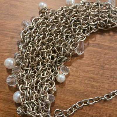Chainmail Silver Tone & Faux Pearl Necklace and Clear Sting Faux Pearl Necklace