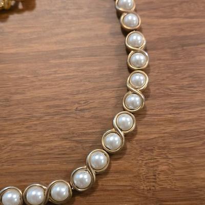 Gold Tone and Faux Pearl Necklace and Brooch