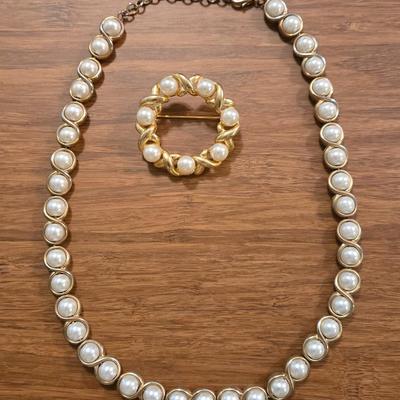 Gold Tone and Faux Pearl Necklace and Brooch