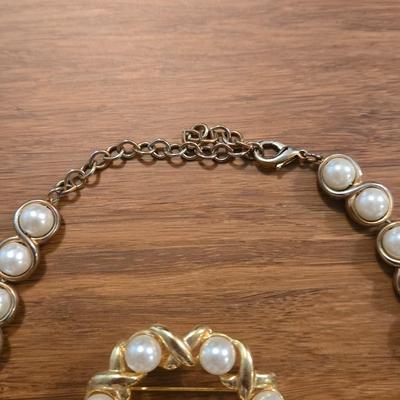 Gold Tone and Faux Pearl Necklace and Brooch