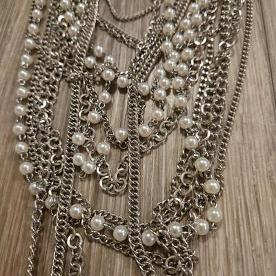 Silver Tone and Faux Pearl Multi Chain Necklace and Heart Earrings