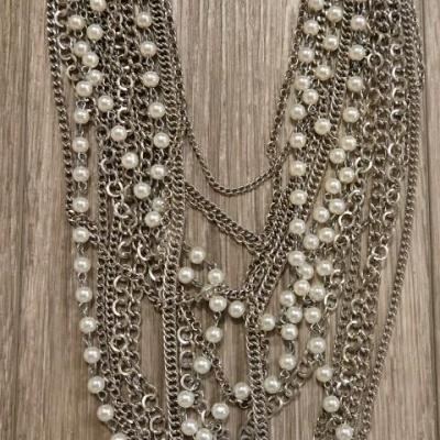 Silver Tone and Faux Pearl Multi Chain Necklace and Heart Earrings