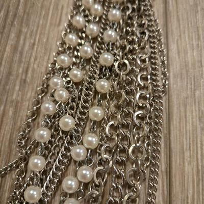 Silver Tone and Faux Pearl Multi Chain Necklace and Heart Earrings