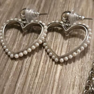 Silver Tone and Faux Pearl Multi Chain Necklace and Heart Earrings
