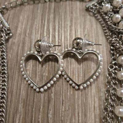 Silver Tone and Faux Pearl Multi Chain Necklace and Heart Earrings