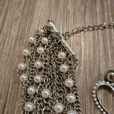Silver Tone and Faux Pearl Multi Chain Necklace and Heart Earrings