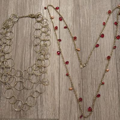 (2) Gold Tone Necklaces- one with Red & Peach Beads