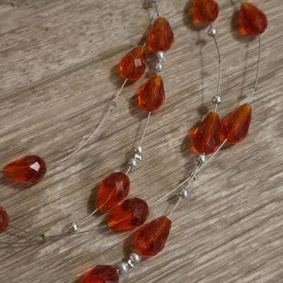 Silver Tone and Red Beaded Necklace and Earrings