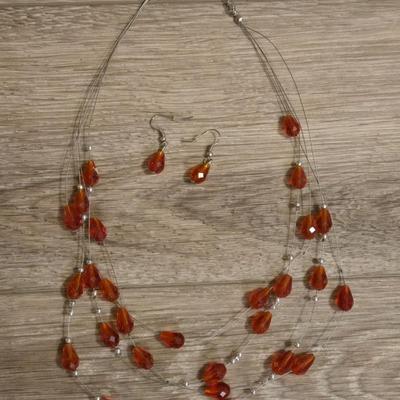Silver Tone and Red Beaded Necklace and Earrings