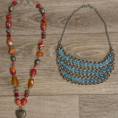 Silver Tone and Turquoise Necklace and Glass Beaded Necklace