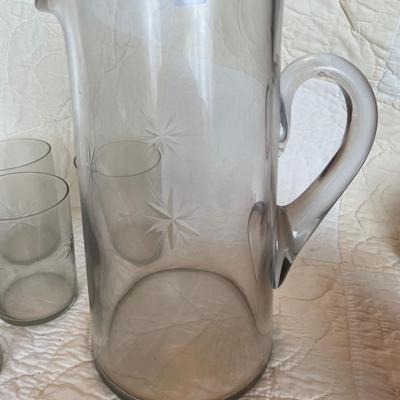 Etched starburst pitcher and 6 glasses