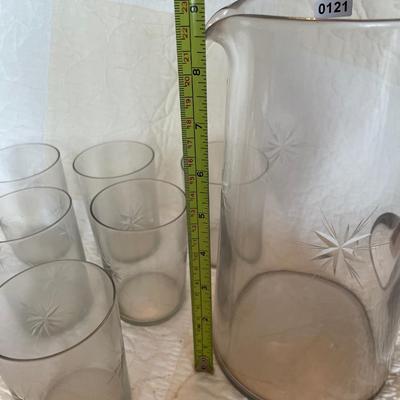 Etched starburst pitcher and 6 glasses