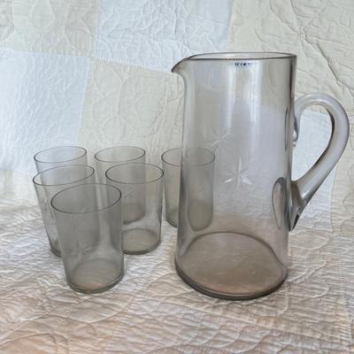 Etched starburst pitcher and 6 glasses