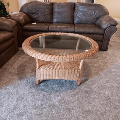 ROUND WICKER AND BAMBOO GLASS TOP COFFEE TABLE