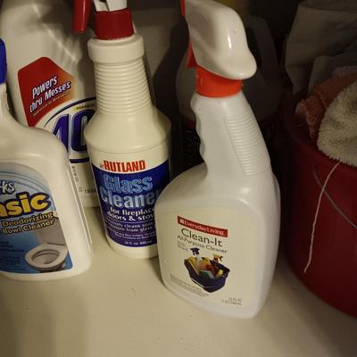 HOUSEHOLD CLEANING CHEMICALS, RAGS AND BUCKET