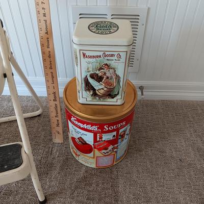 FOLDING STEP STOOL, 48" YARD STICK, TINS AND WASTE CAN