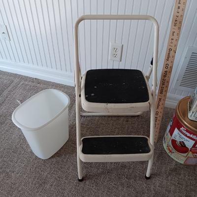 FOLDING STEP STOOL, 48" YARD STICK, TINS AND WASTE CAN