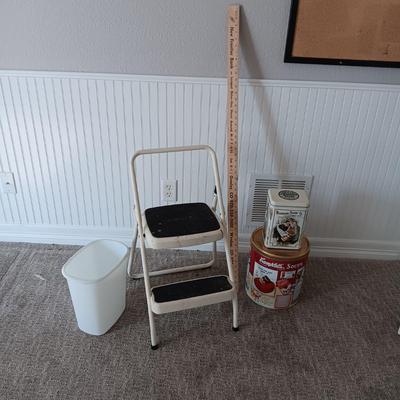 FOLDING STEP STOOL, 48" YARD STICK, TINS AND WASTE CAN