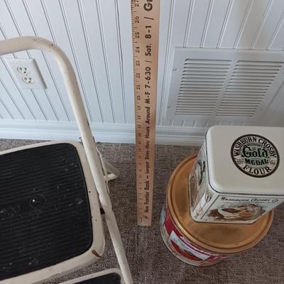 FOLDING STEP STOOL, 48" YARD STICK, TINS AND WASTE CAN