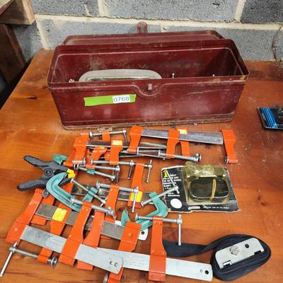 Tool Box filled with Champs, C-Clamps Stanley ,Exact, Quick Grip and others