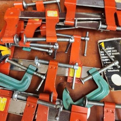 Tool Box filled with Champs, C-Clamps Stanley ,Exact, Quick Grip and others