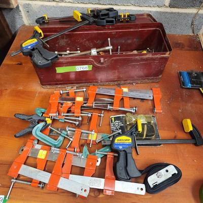 Tool Box filled with Champs, C-Clamps Stanley ,Exact, Quick Grip and others