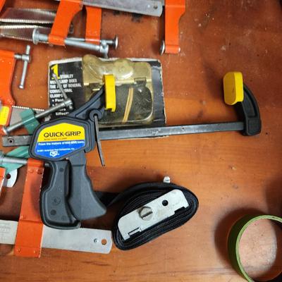 Tool Box filled with Champs, C-Clamps Stanley ,Exact, Quick Grip and others