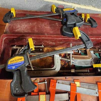 Tool Box filled with Champs, C-Clamps Stanley ,Exact, Quick Grip and others
