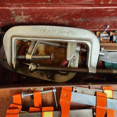 Tool Box filled with Champs, C-Clamps Stanley ,Exact, Quick Grip and others