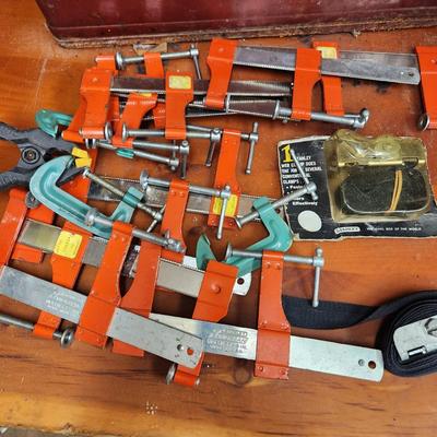 Tool Box filled with Champs, C-Clamps Stanley ,Exact, Quick Grip and others