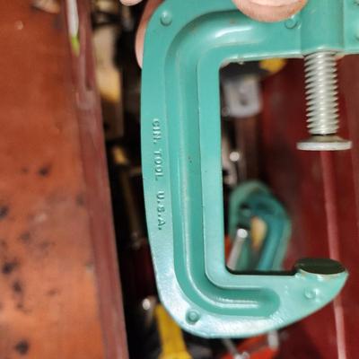 Tool Box filled with Champs, C-Clamps Stanley ,Exact, Quick Grip and others