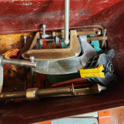 Tool Box filled with Champs, C-Clamps Stanley ,Exact, Quick Grip and others