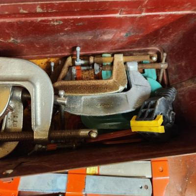 Tool Box filled with Champs, C-Clamps Stanley ,Exact, Quick Grip and others