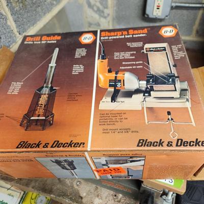 Lot of Black & Decker Tools Sharp n Sand, Drill Guide, Workmate, Bits ,Vise, Sander
