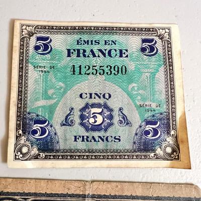 WWII Currency - 2 German Reichsbanknotes, 2 France Allied Military Money
