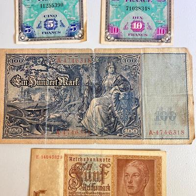 WWII Currency - 2 German Reichsbanknotes, 2 France Allied Military Money