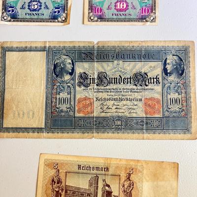 WWII Currency - 2 German Reichsbanknotes, 2 France Allied Military Money