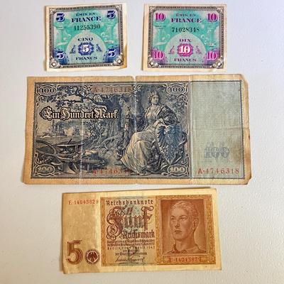 WWII Currency - 2 German Reichsbanknotes, 2 France Allied Military Money