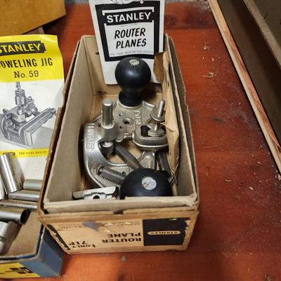 Lot of Vintage Stanley tools Mitre box, Doweling, Jig Router Plane, Small Vise
