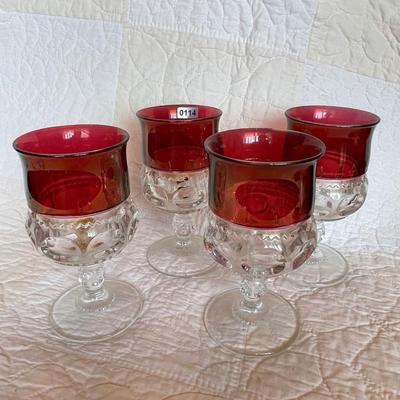 Set of 4 cranberry thumbprint pedestal goblets