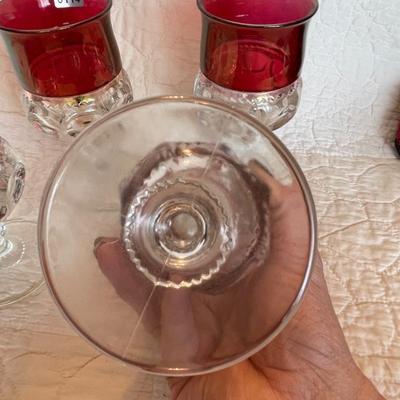 Set of 4 cranberry thumbprint pedestal goblets