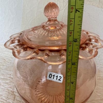 Old colony open lace pink depression glass cookie jar with lid