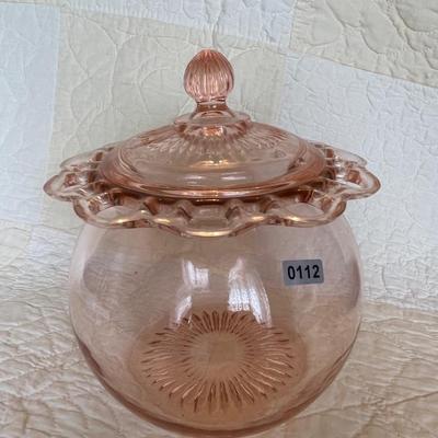 Old colony open lace pink depression glass cookie jar with lid