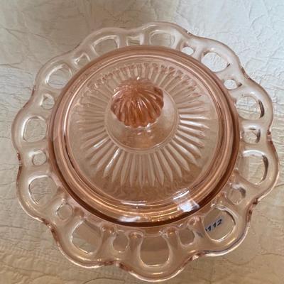 Old colony open lace pink depression glass cookie jar with lid