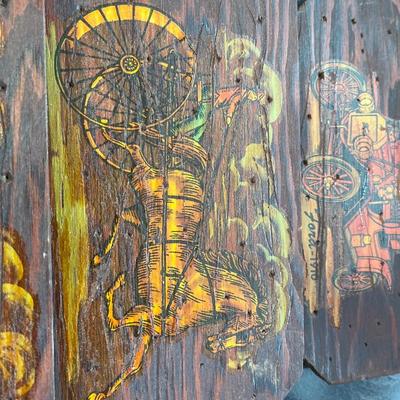 Hand painted wood art, plaques, Cadillac and Ford 1910